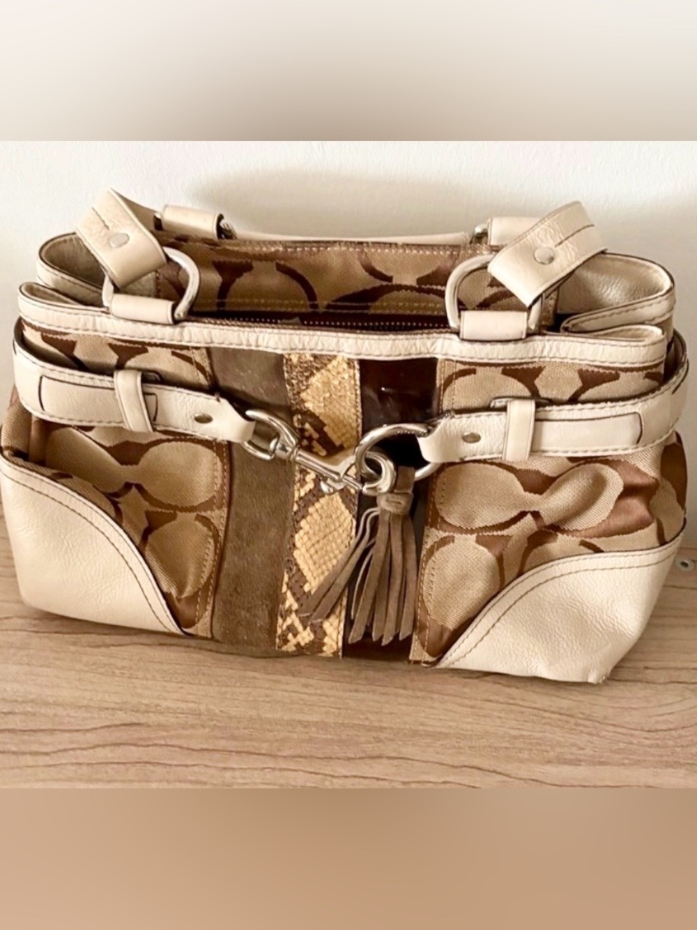 Coach Hampton 10262 SoHo Brown & Beige Signature Patchwork Tote with Tassels
